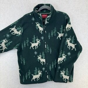 Vtg Holiday Lodge Fleece Jacket Womens Green Deer Tree Print Mock Neck Cozy